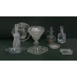 Cut pedestal bowl, three decanters and five other