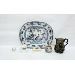 Blue and white meat plate, jug, jam pot, Coronatio