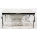 Grey painted dining table raised on cabriole legs,