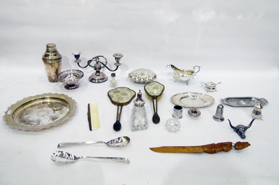 Quantity of silver plate, various, to include cocktail shaker, candelabrum, tray and cutlery (2