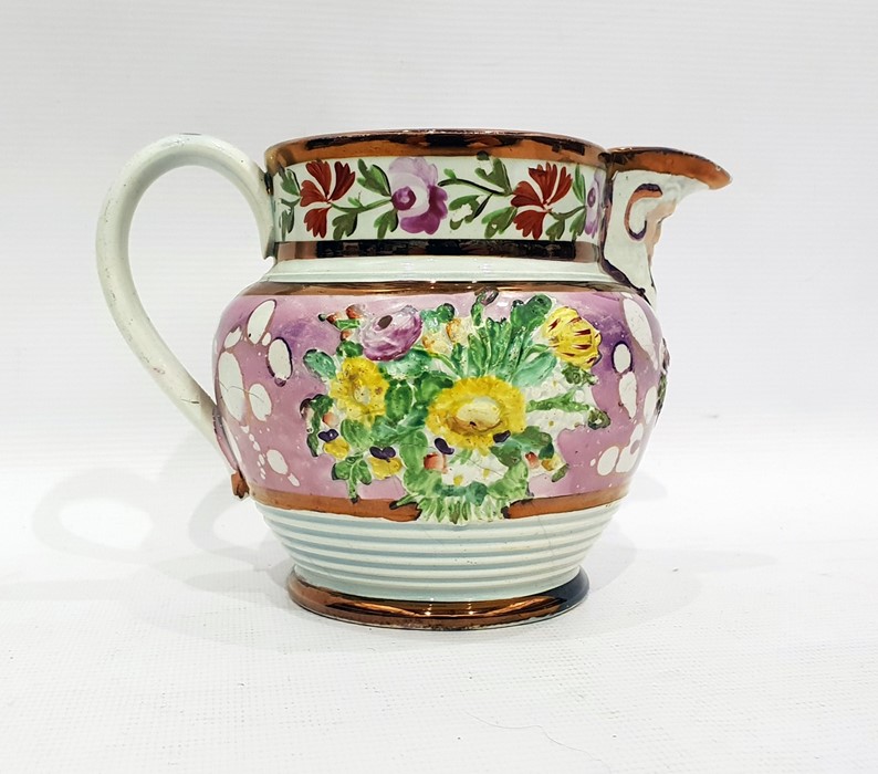 19th century copper lustre mask jug with floral bo