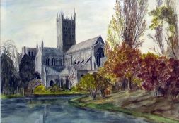 R Fabian Watercolour drawing Large cathedral, tree