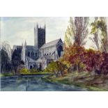 R Fabian Watercolour drawing Large cathedral, tree