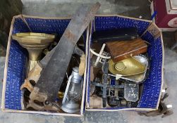 Kitchen weighing scales, two saws, storm lantern,