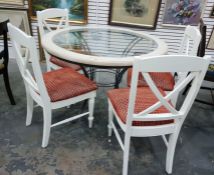 White painted circular dining table with inset gla