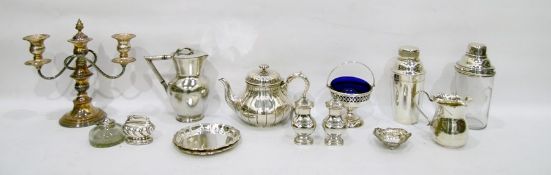 Quantity of silver plate to include teapot, cocktail shakers, candelabrum, jugs, etc