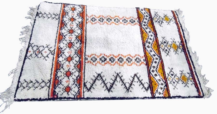 Moroccan wool rug, deep pile, cream ground with ye