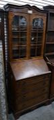 20th century walnut veneered bureau bookcase, 80cm