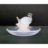 Lalique opalescent glass turkey pin tray, signed t