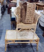 Wicker basket, a wicker chair and a bamboo coffee