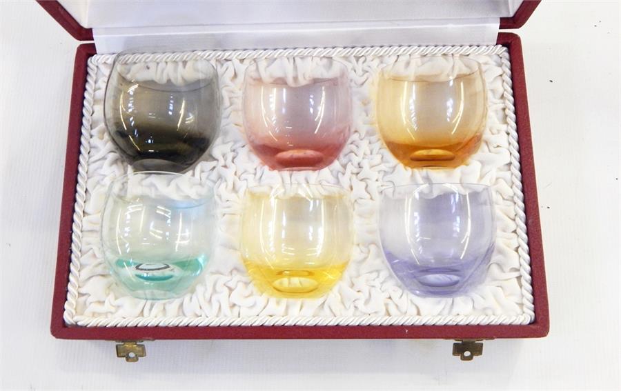 Set of six mid 20th century Moser glass small tumblers, each a different colour, in satin and velvet - Image 2 of 2