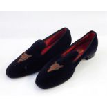 Pair of gentleman's slippers made by Slade, size 7, embroidered with a fox, appear to be unworn, a