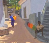 Andrew T Macara (1944) Oil on canvas "Path to Harbour, Vizhinjam, Kerala" with figures, signed and