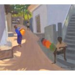 Andrew T Macara (1944) Oil on canvas "Path to Harbour, Vizhinjam, Kerala" with figures, signed and