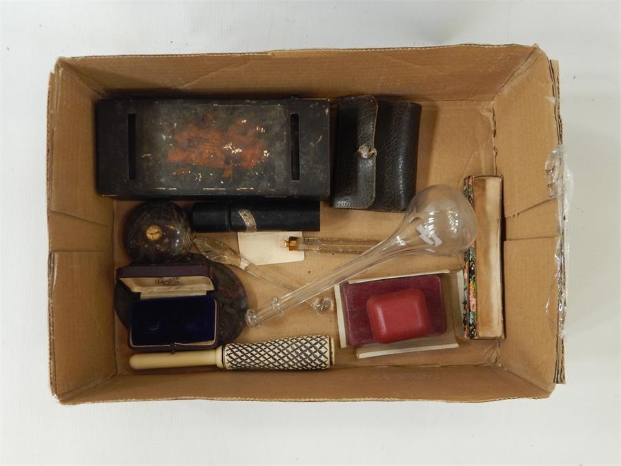 19th century cut glass pipe tamper, miniature travelling peg set, hardstone compass and other