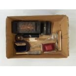19th century cut glass pipe tamper, miniature travelling peg set, hardstone compass and other