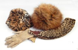 Ocelot fur collar, a pair of kid gloves, a rabbit skin pill box hat dyed to look like leopard and