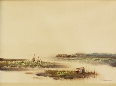 T Supsirikool (Thai) - Watercolour,  river scene with fishers fishing, signed, approx. 27x 37cm