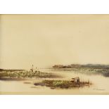 T Supsirikool (Thai) - Watercolour,  river scene with fishers fishing, signed, approx. 27x 37cm