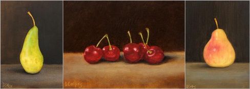 Debbie Collins Three oils on board Fruit, pears and cherries, signed, 18cm x 13cm and 13cm x 18cm (