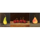 Debbie Collins Three oils on board Fruit, pears and cherries, signed, 18cm x 13cm and 13cm x 18cm (