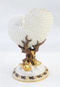 Royal Worcester porcelain nautilus shell vase on bronze and gilt coral and shell support, shell