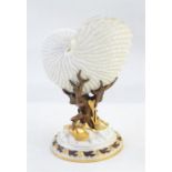 Royal Worcester porcelain nautilus shell vase on bronze and gilt coral and shell support, shell