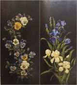 Pair early 20th century painted ebonised panels Still life of pansies and irises, 60cm x 27cm (2)