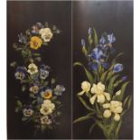 Pair early 20th century painted ebonised panels Still life of pansies and irises, 60cm x 27cm (2)