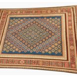 Kelim rug, the blue ground with field of multiple hooked lozenges, geometric  hooked border, in