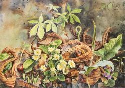 Gillean Whitaker  Acrylic on board  Still life study of woodland floor depicting primroses,