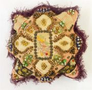 20th century sweetheart cushion with forget me not labels 'Faith Hope and Charity', beaded,