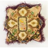 20th century sweetheart cushion with forget me not labels 'Faith Hope and Charity', beaded,