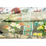 Three rolls of cotton furnishing material including 'Bird and Thistle' by JP & J Baker, blue