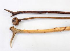 Twisted willow thumb stick with antler head, another walking stick with antler head and a natural