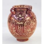 Spanish Valencia Hispano Moresque style pink lustre pottery vase having four scroll handles, ovoid