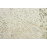 Three vintage lace curtains in ecru/cream embroidered net ground with cut work embroidery, linen and