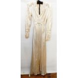 1930's satin vintage style evening dress with embroidered shoulders and front panel, the belt