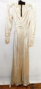 1930's satin vintage style evening dress with embroidered shoulders and front panel, the belt