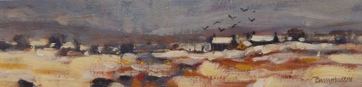 Barry Hudson Oil on card "Flock of Crows in Winter", signed, 7cm x 29cm (unframed)  Re: Enquiry -