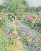 C Neal Oil on board "Painted Garden, Lavender Walk", en Pleinair, Cerney House,  labelled verso,