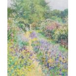 C Neal Oil on board "Painted Garden, Lavender Walk", en Pleinair, Cerney House,  labelled verso,