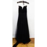 Black velvet strapless evening gown with button back (damaged), a black satin and cream and black