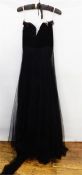 Black velvet strapless evening gown with button back (damaged), a black satin and cream and black