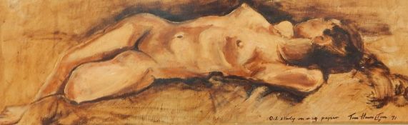 Tom Harris - Oil on board, study of reclining nude, signed and dated '71, 37cm x 38cm