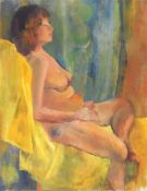 Oil on canvas - Nude female figure on yellow-draped chair, approx 76x61cm, unframed