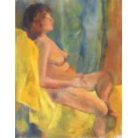 Oil on canvas - Nude female figure on yellow-draped chair, approx 76x61cm, unframed