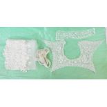 Lace and broderie anglaise baby's bonnet and assorted lace and crocheted trimmings including a