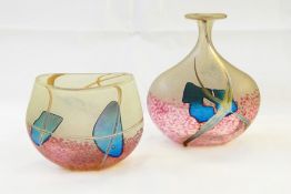 Modern glass bottle vase, with mottled pink and iridescent abstract design, signed indestrinctly,