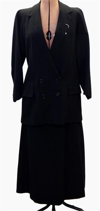 Vintage black wool suit labelled 'Hamper & Fry, Cirencester' and a check full length woollen coat